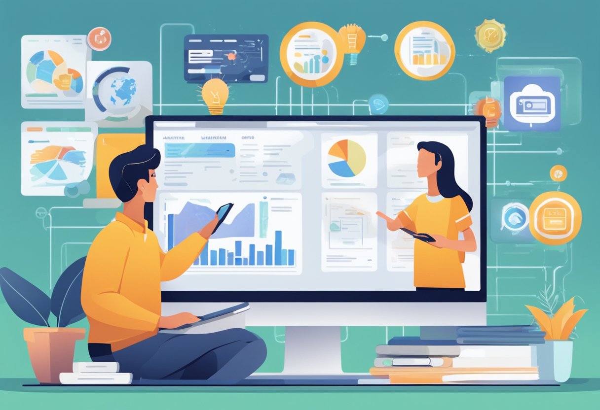 A person researching and comparing different affiliate marketing platforms, with various options and features displayed on a computer screen