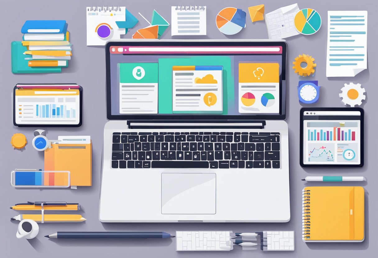 A laptop with a variety of affiliate marketing platforms displayed on the screen, surrounded by notebooks and pens for note-taking