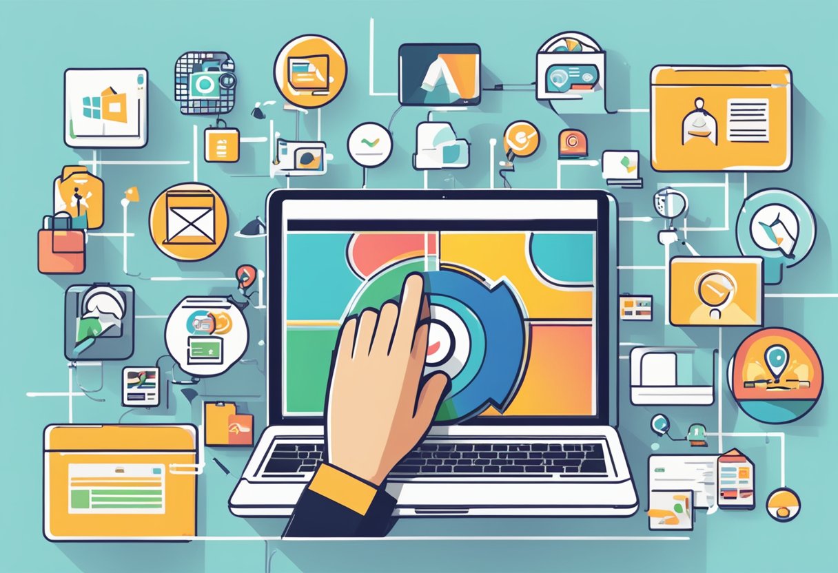 A laptop surrounded by various affiliate marketing platform logos, with a person's hand reaching for one