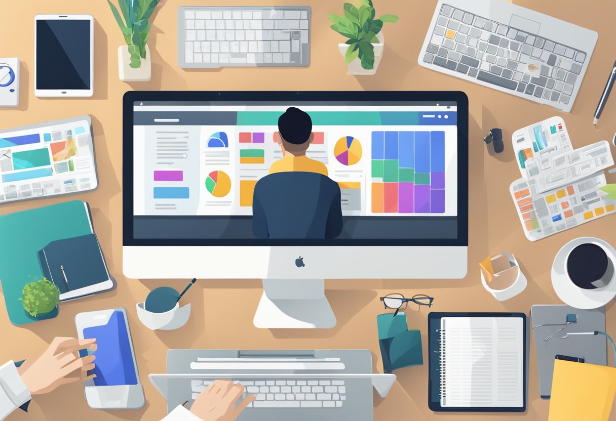 A person researching affiliate marketing platforms, surrounded by a variety of digital devices and notebooks