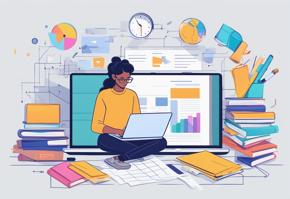 A person researching on a laptop, surrounded by books and notes on affiliate marketing platforms