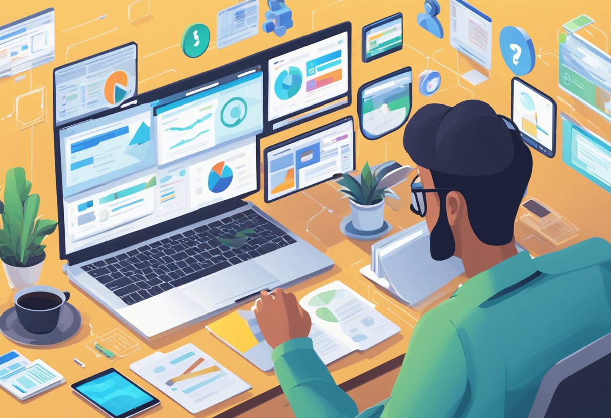 A person researching on a laptop surrounded by various affiliate marketing platforms displayed on the screen