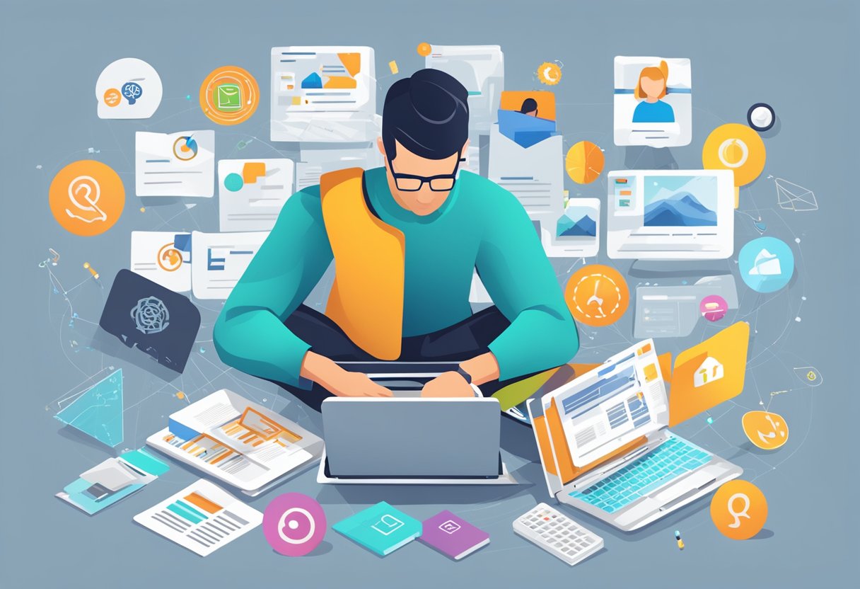 A person researching on a laptop, surrounded by various affiliate marketing platform logos and notes