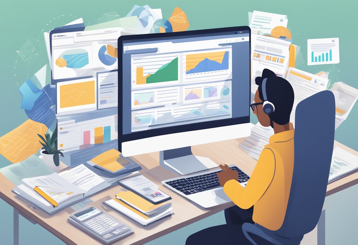 A person researching on a laptop with various affiliate marketing platforms displayed on the screen, surrounded by notes and reference materials