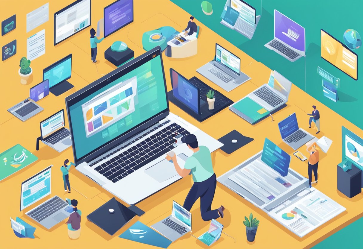 A laptop surrounded by various affiliate marketing platforms, with a person researching and comparing options