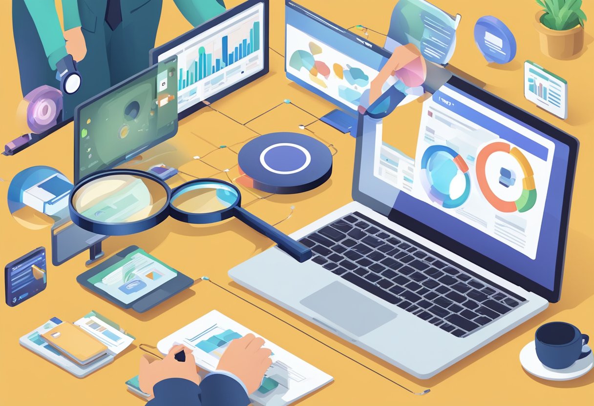 A beginner holding a magnifying glass over various affiliate marketing platforms