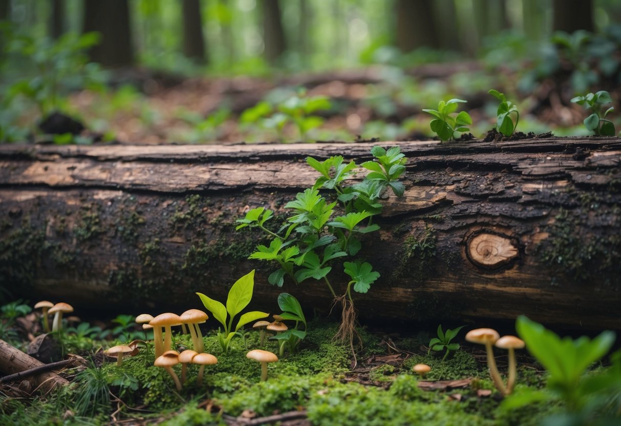 A nurse log lies on the forest floor, providing nutrients for new growth and shelter for small creatures. Fungi and plants thrive on its decaying wood