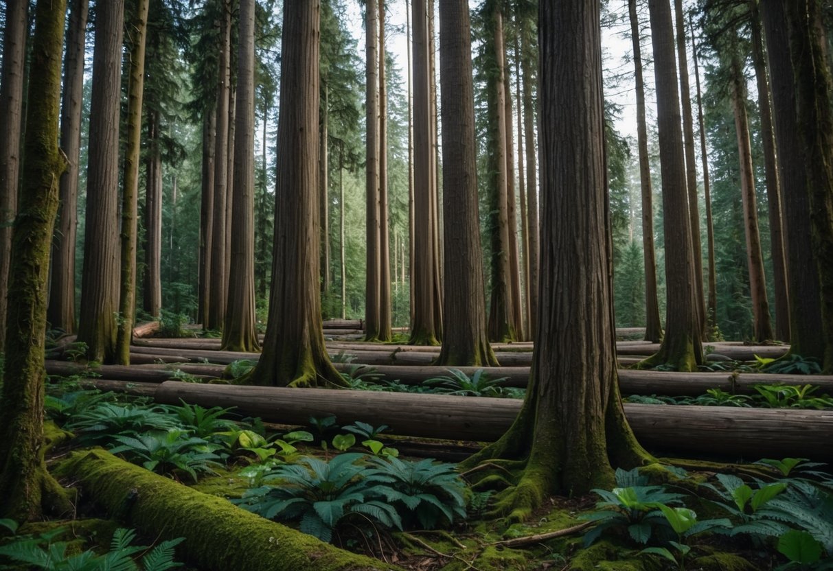 A dense forest with towering trees, where nurse logs provide nourishment and shelter for various plants and animals