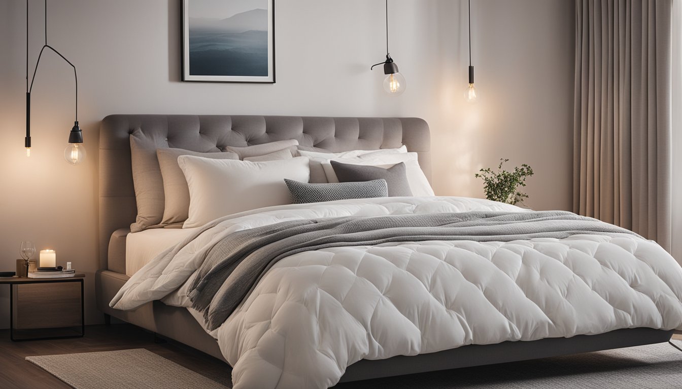 A cozy bedroom with a plush Saatva Classic mattress surrounded by supportive pillows and a soft, comforting duvet