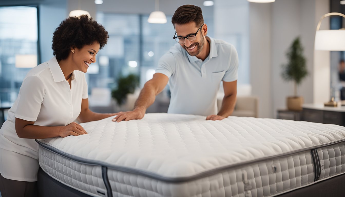 A customer service representative assists a customer through the purchasing process for a Saatva Classic mattress