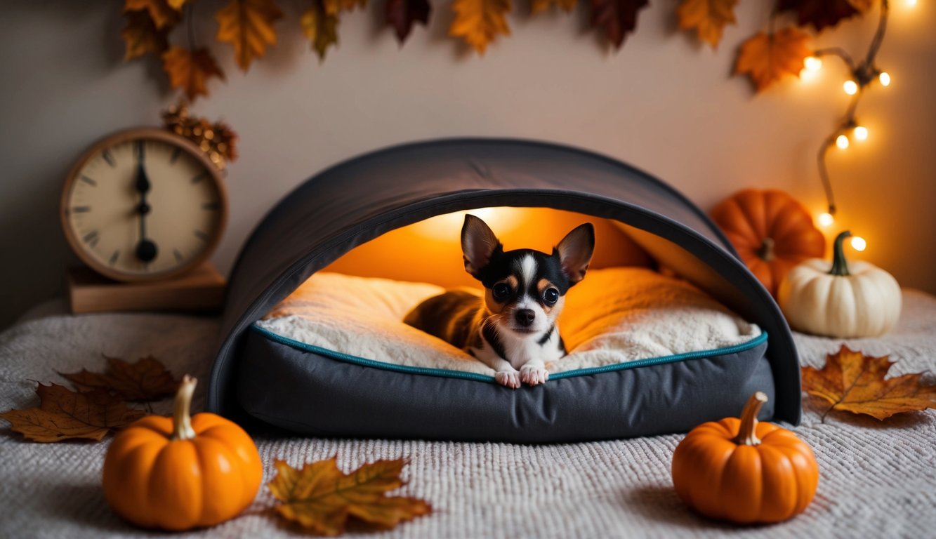 Seasonal Care Tips for Small Pets: Keeping Your Pet Healthy Year-Round 2 A small pet nestled in a cozy bed with a warm light, surrounded by seasonal decorations such as leaves and pumpkins