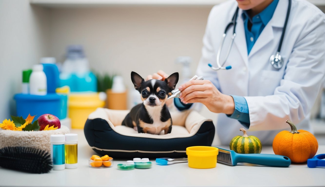 Seasonal Care Tips for Small Pets: Keeping Your Pet Healthy Year-Round 6 A small pet receiving a check-up from a veterinarian, surrounded by seasonal care items such as vitamins, grooming tools, and a cozy bed