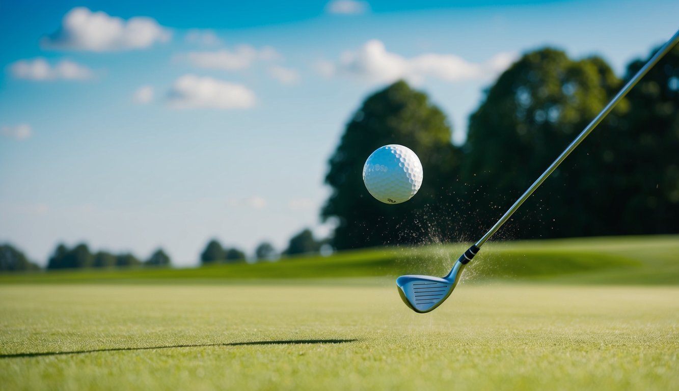 Sebuah bola golf meluncur melalui udara menuju lapangan hijau yang subur, dengan langit biru cerah dan pohon-pohon jauh di latar belakang