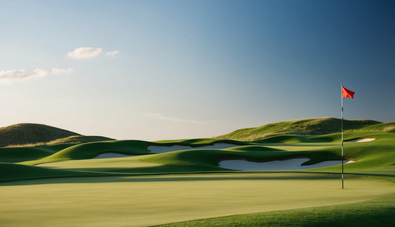 Sebuah lapangan golf yang tenang dengan jalur hijau yang subur, bukit yang bergelombang, dan langit biru yang cerah, dengan bendera berkibar di angin sepoi-sepoi