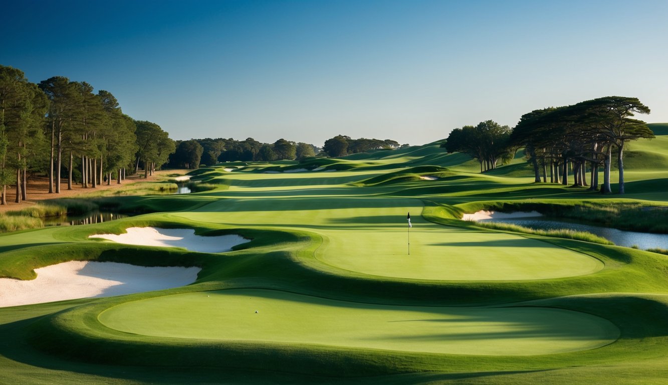 Sebuah lapangan golf yang tenang dengan jalur hijau yang subur, bukit-bukit bergelombang, dan langit biru yang cerah. Perangkap pasir dan bahaya air menghiasi lanskap, sementara pohon-pohon tinggi membatasi tepi lapangan.