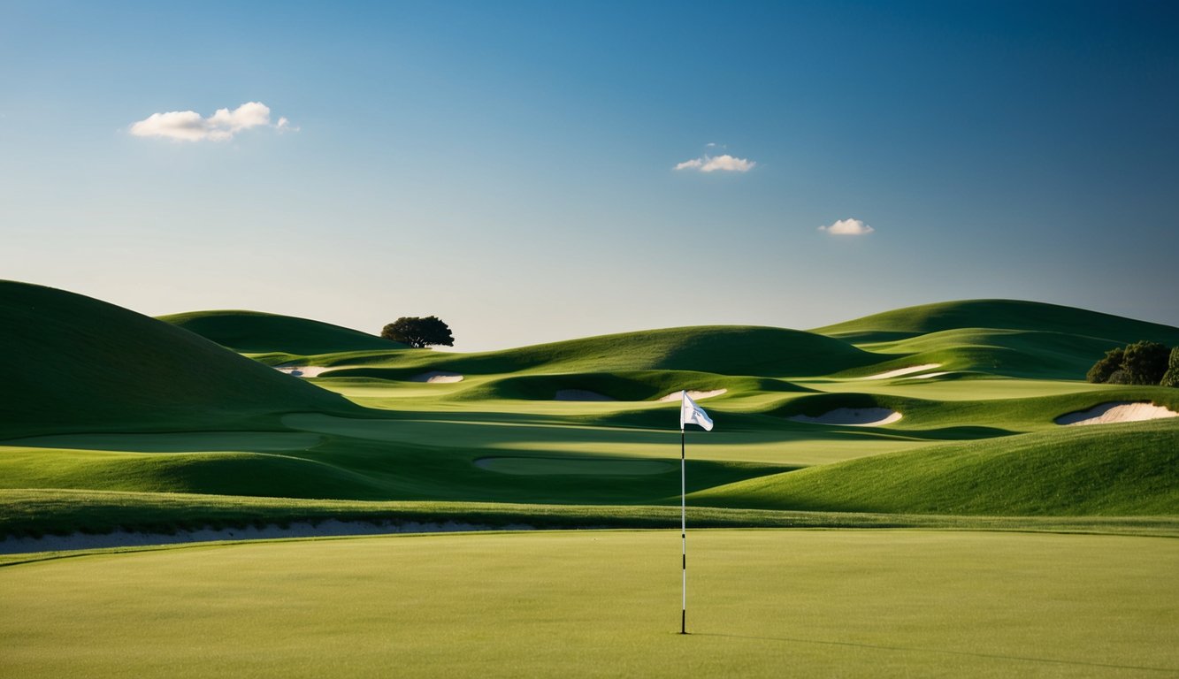 Sebuah lapangan golf yang hijau subur dengan bukit-bukit bergelombang dan langit biru yang cerah, dengan bendera berkibar di kejauhan