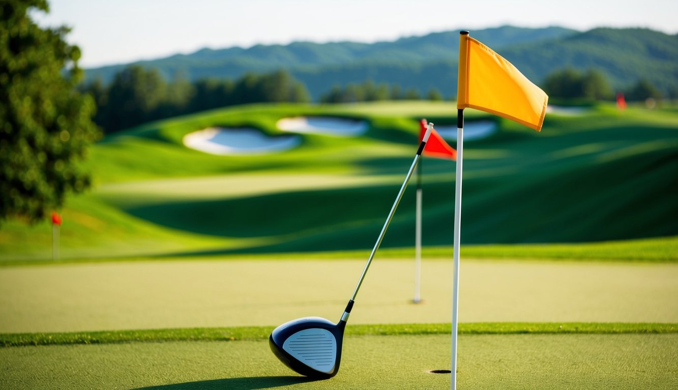 Sebuah lapangan golf dengan bendera yang menandai lubang-lubang, dikelilingi oleh pepohonan yang rimbun dan bukit-bukit yang bergelombang