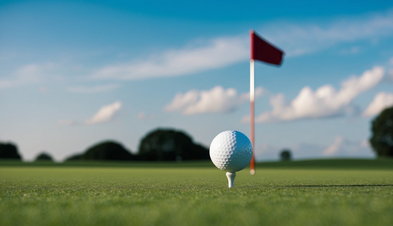 Sebuah bola golf yang diletakkan di atas lapangan hijau yang subur, dengan bendera berkibar di kejauhan dan langit biru yang cerah di atasnya.