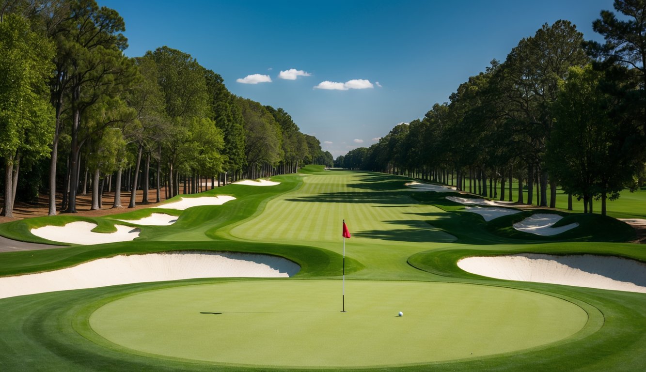 Sebuah lapangan golf dengan fairway hijau subur, perangkap pasir, dan tiang bendera di lapangan putting. Pohon-pohon tinggi mengelilingi tepi, dan langit biru cerah di atas.