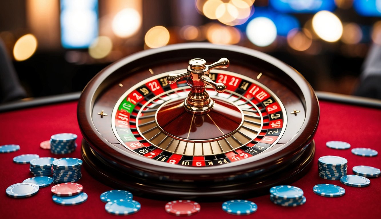 Roda roulette berputar dengan chip yang tersebar di sekitarnya