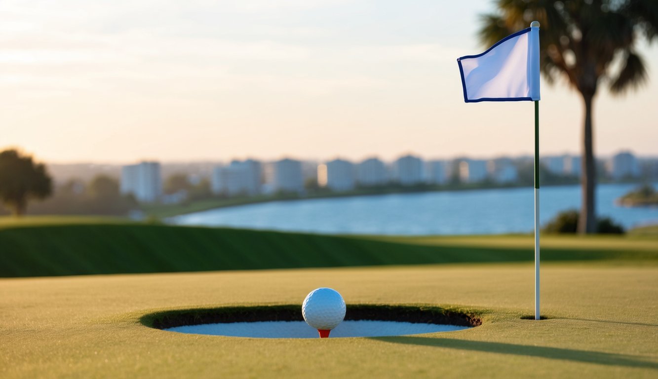 Sebuah bola golf yang menggelinding ke dalam lubang di lapangan hijau yang terawat dengan sempurna, dengan bendera berkibar perlahan di angin sepoi-sepoi