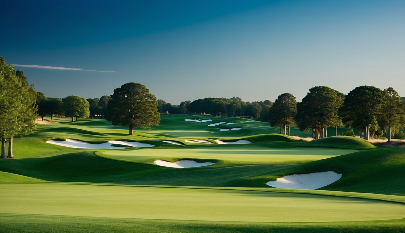 Sebuah lapangan golf yang tenang dengan jalur hijau subur, dikelilingi oleh pohon-pohon tinggi dan bukit-bukit bergelombang di bawah langit biru yang cerah