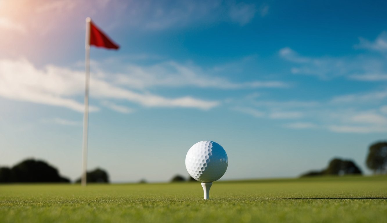 Sebuah bola golf yang siap dipukul di lapangan hijau yang subur, dengan bendera berkibar di kejauhan dan langit biru cerah di atasnya.