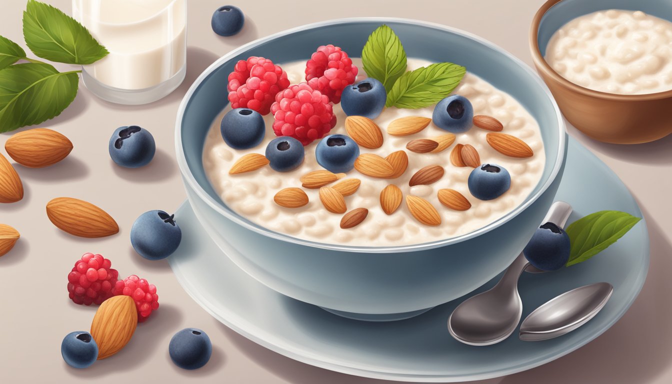 A bowl of steel-cut oatmeal topped with almond milk and fresh berries on a table