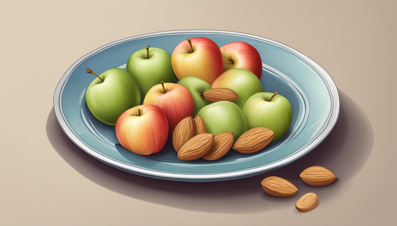 A small apple and a handful of almonds on a plate