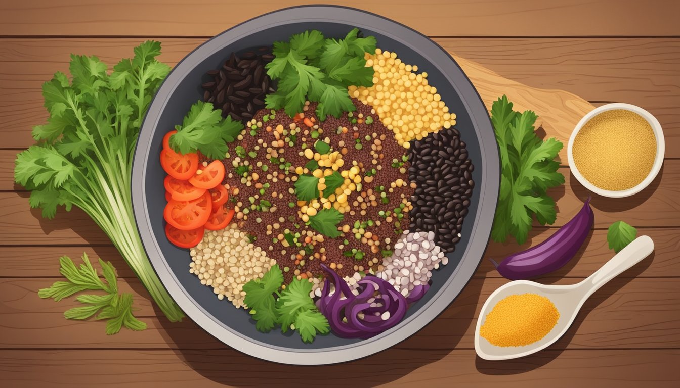 A colorful bowl of quinoa and black bean salad surrounded by fresh vegetables and a variety of seasonings on a wooden table