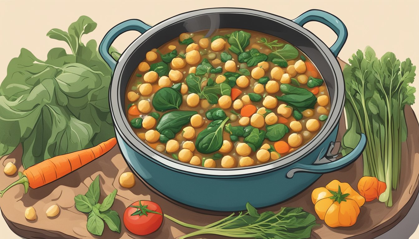 A bubbling pot of chickpea and spinach stew surrounded by colorful vegetables and herbs, with a steaming bowl ready to be served