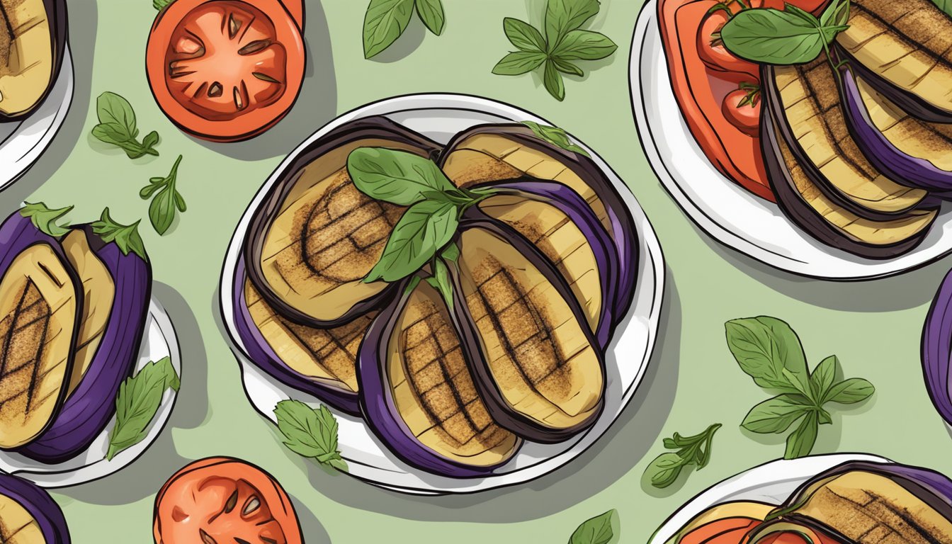 A colorful array of grilled eggplant and tomato slices arranged on a plate, surrounded by fresh herbs and drizzled with vinaigrette