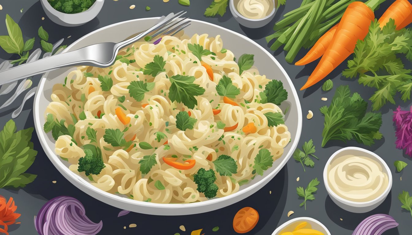 A bowl of creamy cauliflower Alfredo pasta surrounded by colorful vegetables and herbs, with a fork resting on the side