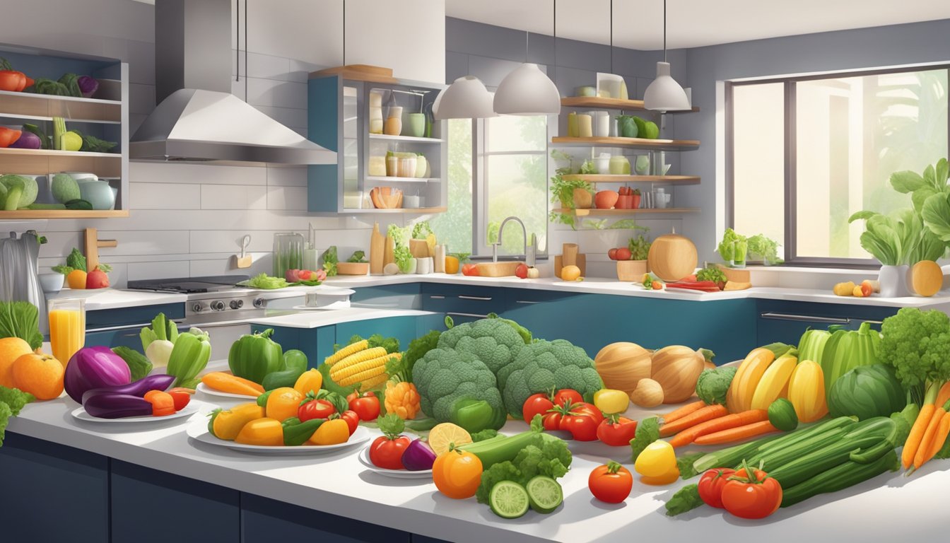 A colorful array of fresh vegetables and fruits arranged on a table, with a variety of vegetarian dishes being prepared in a bright, modern kitchen