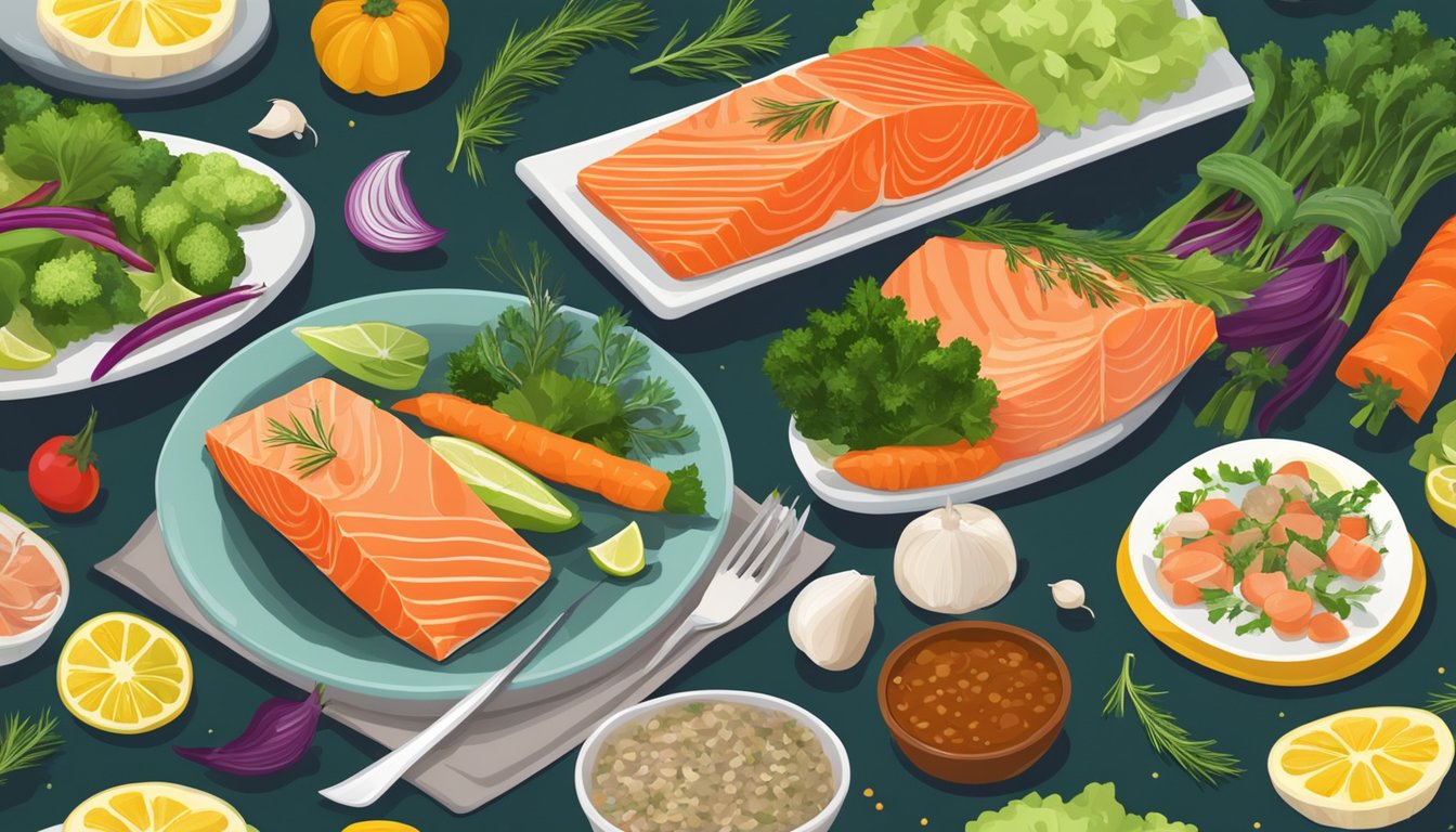 A salmon fillet seasoned with garlic and herbs surrounded by colorful, nutrient-rich vegetables on a festive holiday table