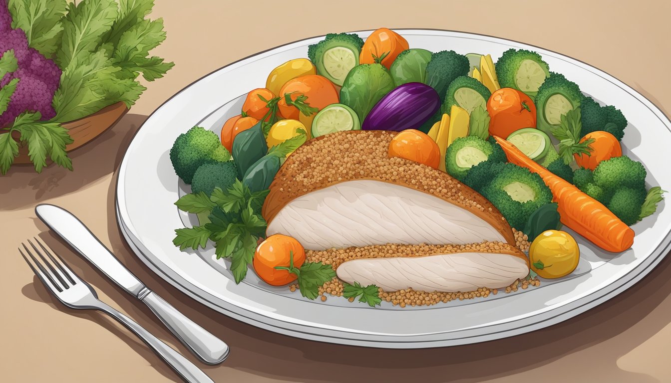 A platter of herbed turkey breast surrounded by colorful vegetables and a side of quinoa, set on a stylish dinner table