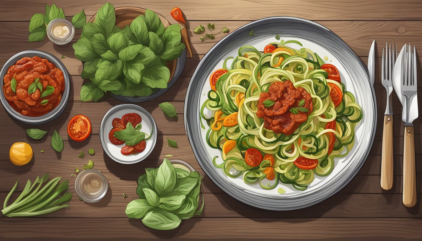 A plate of zoodles with sun-dried tomato sauce surrounded by colorful vegetables and herbs on a rustic wooden table