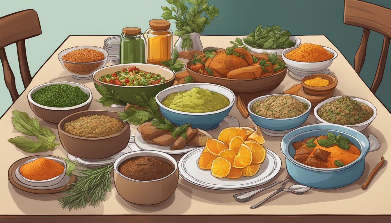 A festive holiday table set with colorful, nutritious dishes and a variety of spices and herbs, showcasing delicious diabetic-friendly meal options