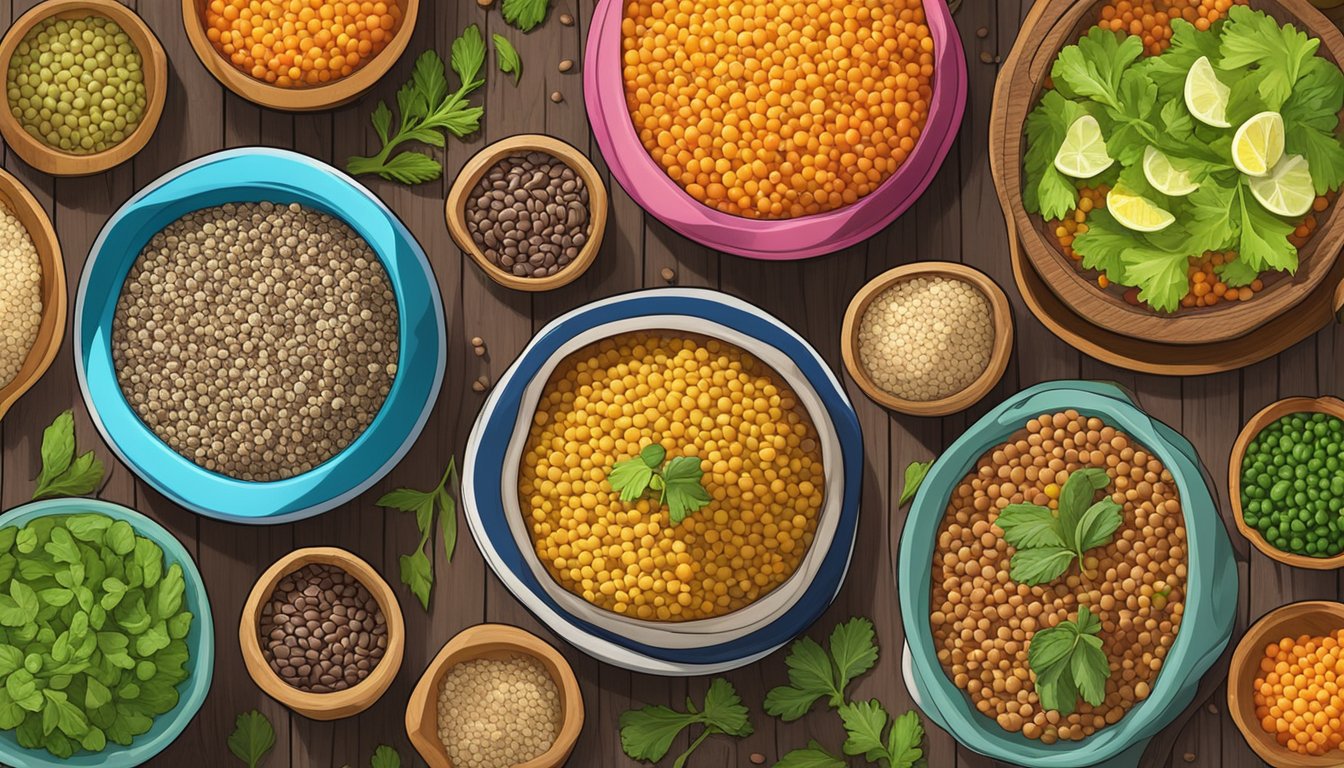 A colorful array of lentils, quinoa, and fresh vegetables arranged in vibrant bowls on a rustic wooden table