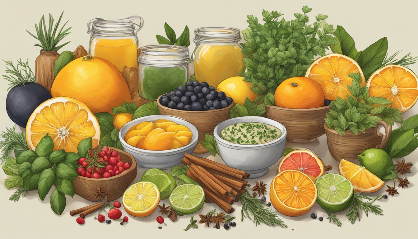 A colorful array of fresh herbs, spices, and citrus fruits arranged around a festive holiday meal spread