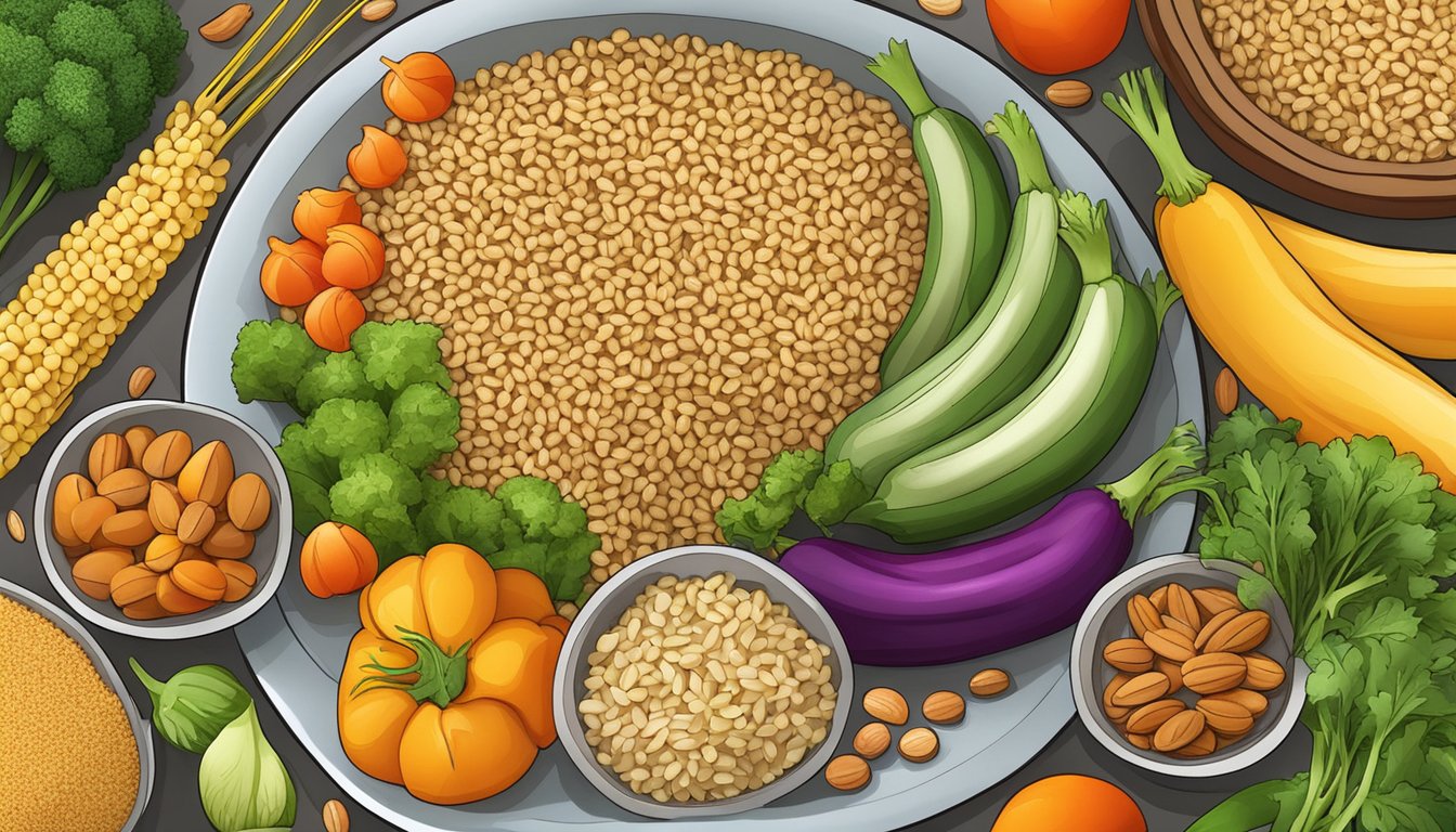 A colorful array of vegetables, nuts, and grains arranged on a plate, with a focus on the bulgur wheat pilaf