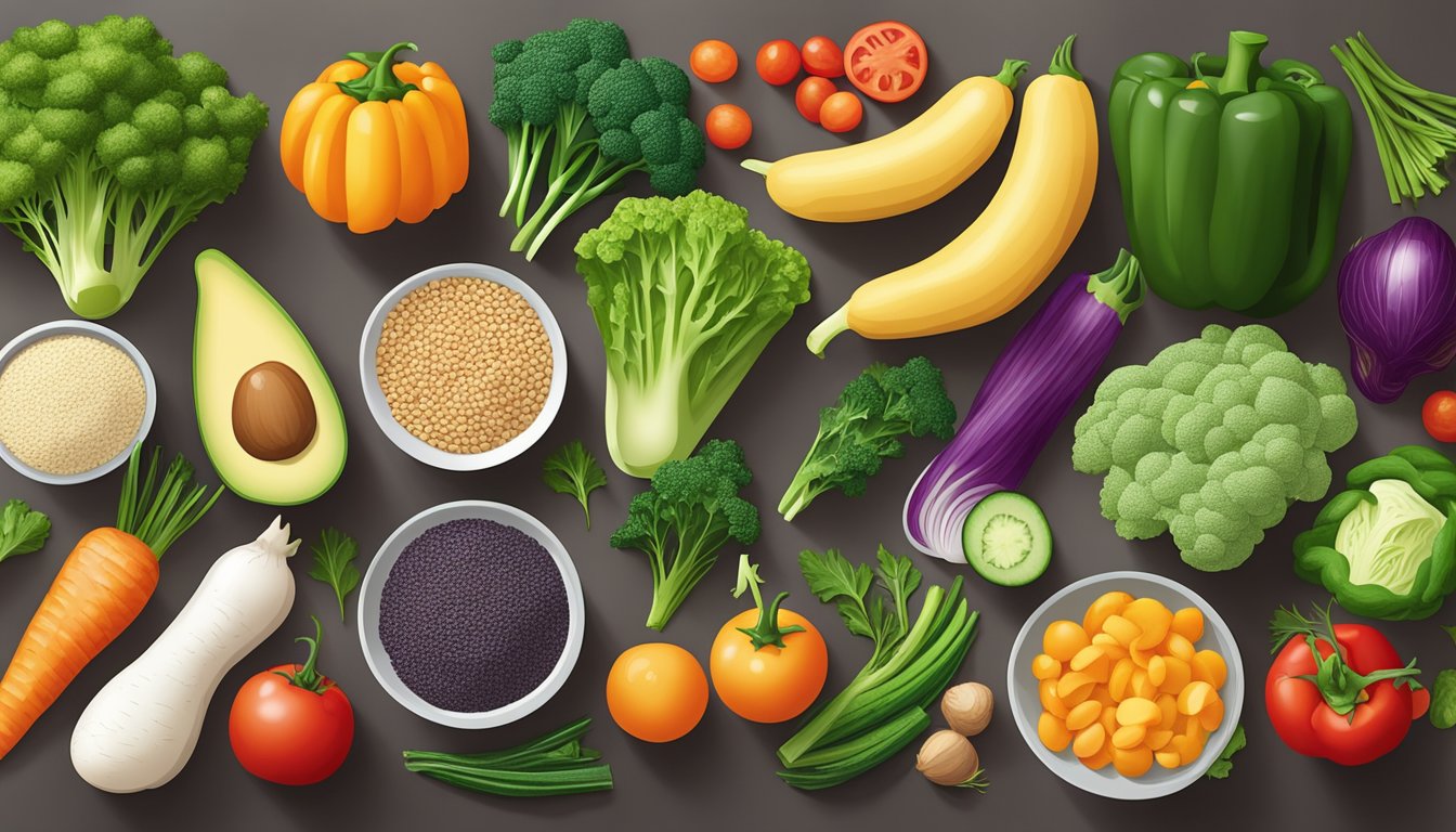 A colorful array of fresh vegetables, lean proteins, and whole grains spread out on a kitchen counter, ready to be transformed into delicious and nutrient-dense dinner meal plans for diabetics