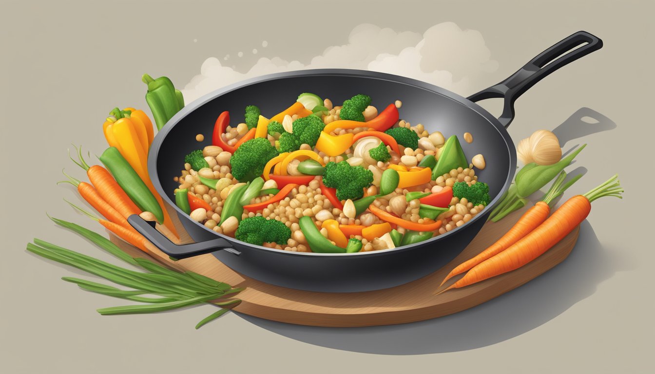 A colorful stir-fry sizzling in a wok, featuring barley, carrots, bell peppers, and other vibrant vegetables