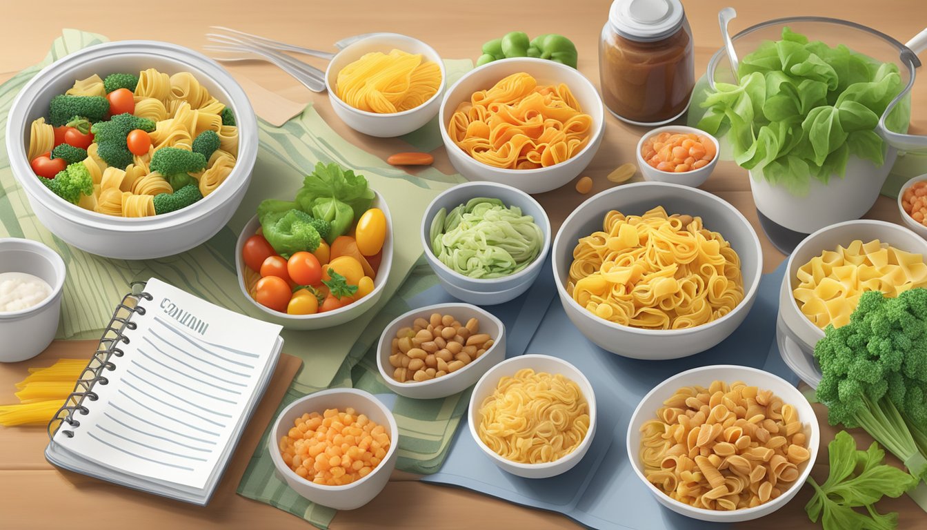 A colorful array of whole grain pasta, assorted vegetables, and a diabetic meal plan booklet on a kitchen counter