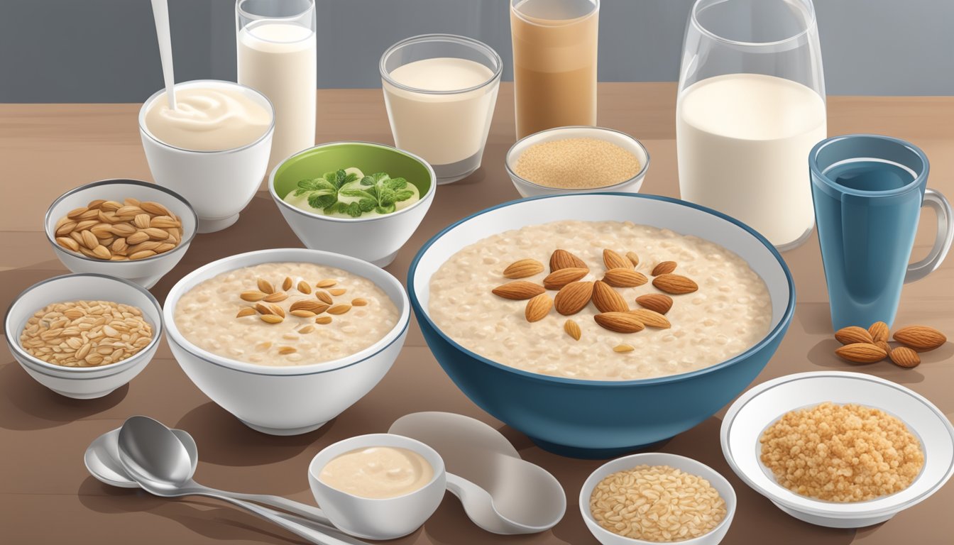 A bowl of oatmeal with almond milk sits on a table surrounded by 13 different meal plans for diabetics with Dawn Phenomenon