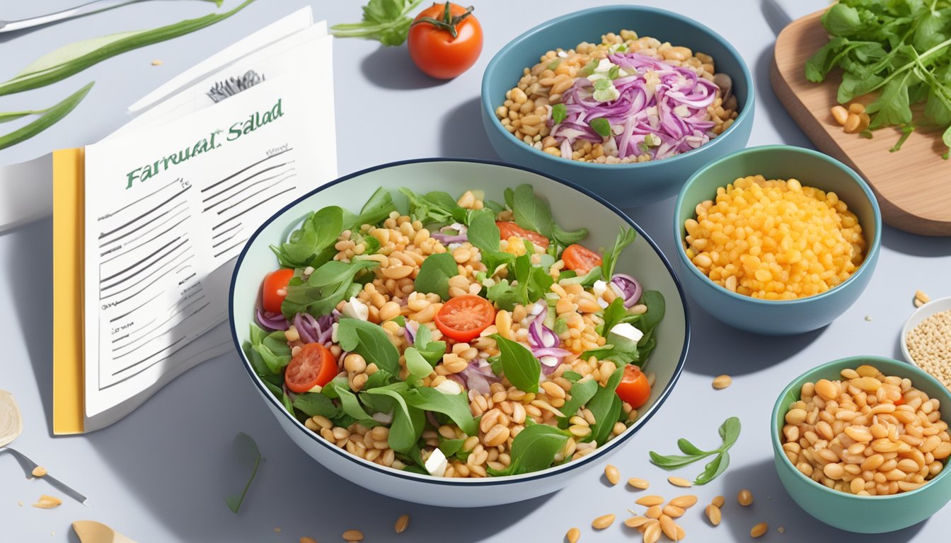 A colorful bowl of farro salad with arugula, surrounded by fresh ingredients and a diabetic meal plan booklet