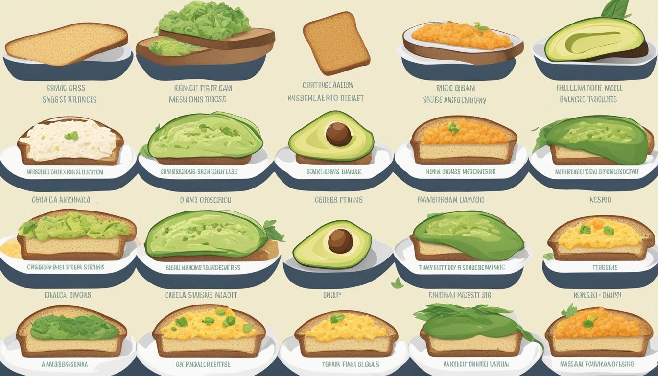 A slice of whole grain toast topped with mashed avocado, surrounded by 13 different meal plans for diabetics with Dawn Phenomenon