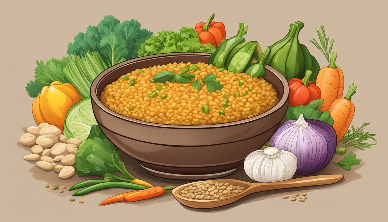 A steaming bowl of brown rice and lentil curry surrounded by vibrant, colorful vegetables on a rustic wooden table