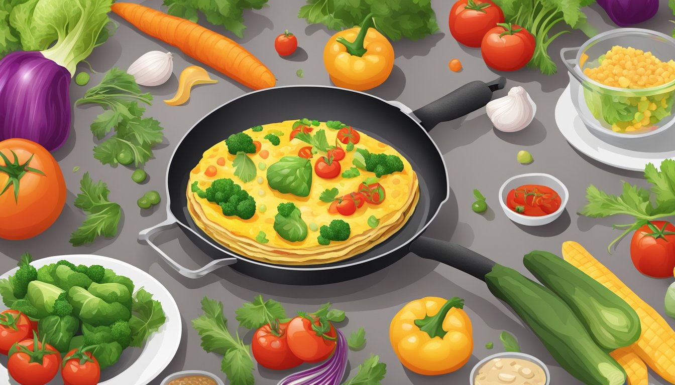 A colorful array of fresh vegetables arranged around a sizzling omelette in a pan, with a plate and cutlery set beside it