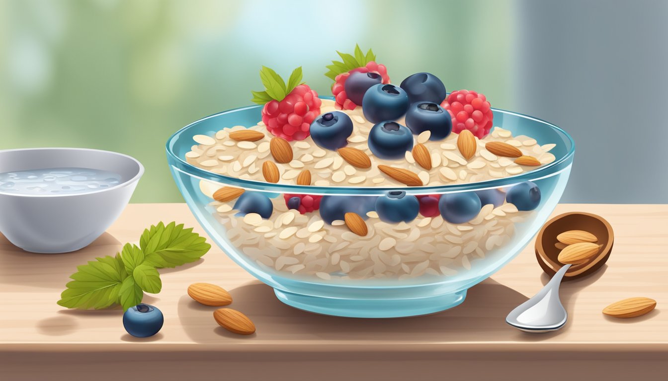 A bowl of oatmeal topped with fresh berries and almonds sits on a table, surrounded by a glass of water and a napkin